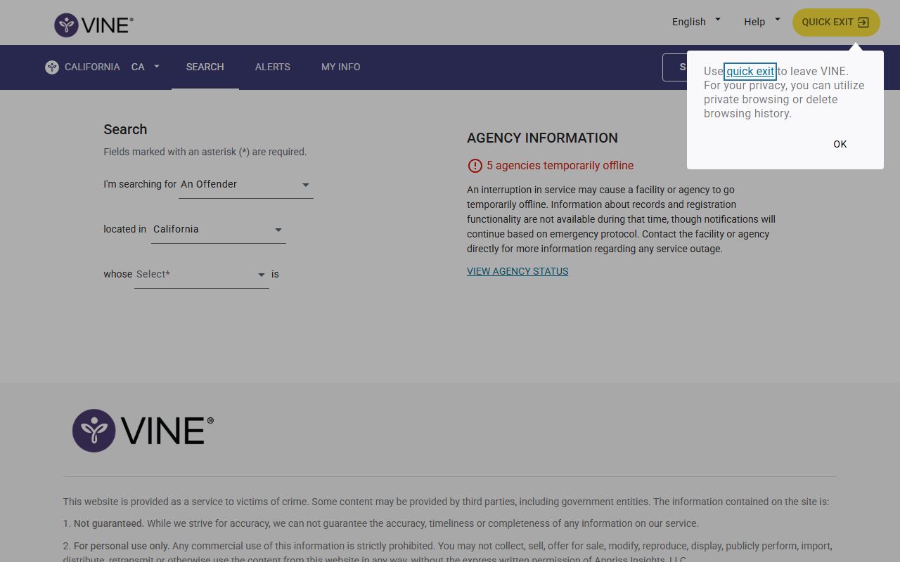 Tuolumne County inmate records VINELink California custody notification search