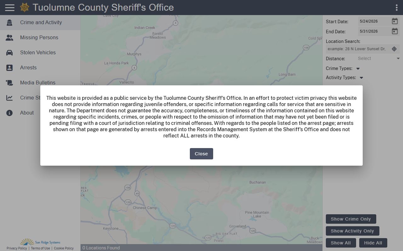 Tuolumne County inmate population Citizen RIMS arrest portal